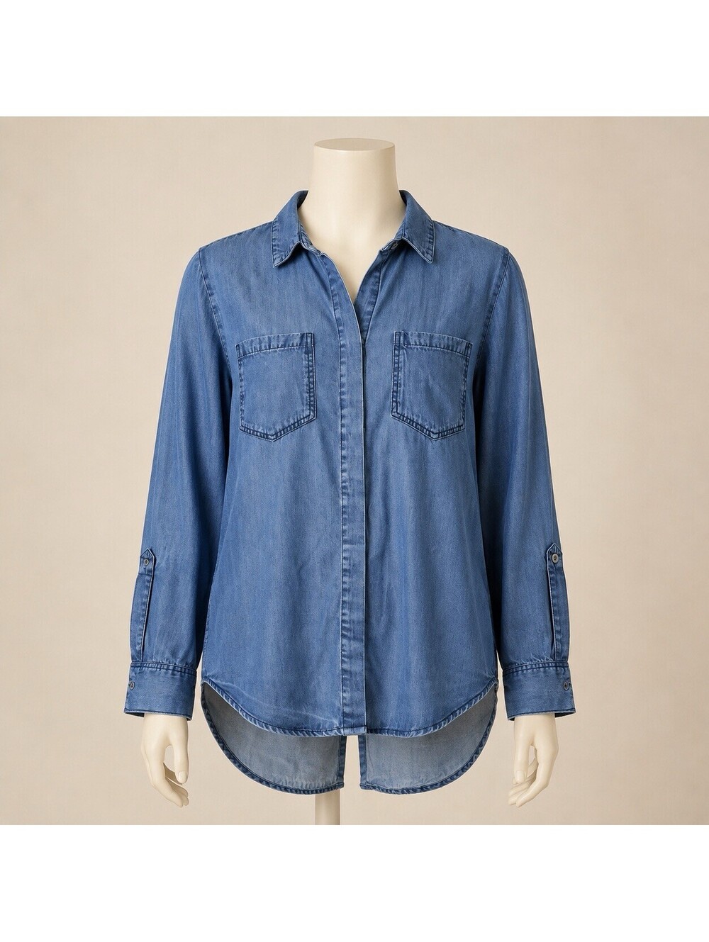 Velvet Heart Womens L Tencel Denim Chambray Shirt Tunic Roll Tab Hi Low Boho